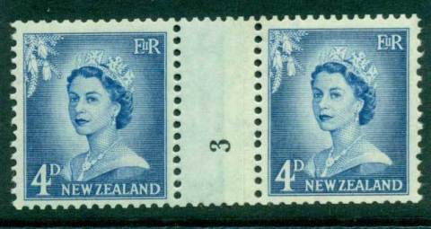 New Zealand 1958 QEII Redrawn 4d Ultramarine Coil Join #3 Upwards