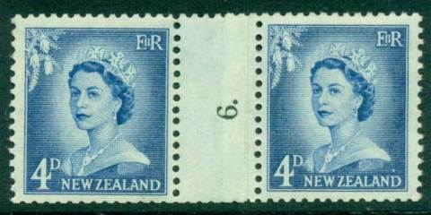 New Zealand 1958 QEII Redrawn 4d Ultramarine Coil Join #6 Upwards