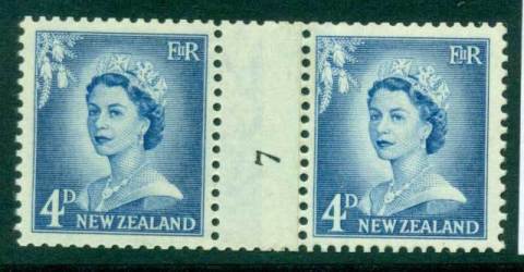 New Zealand 1958 QEII Redrawn 4d Ultramarine Coil Join #7 Upwards