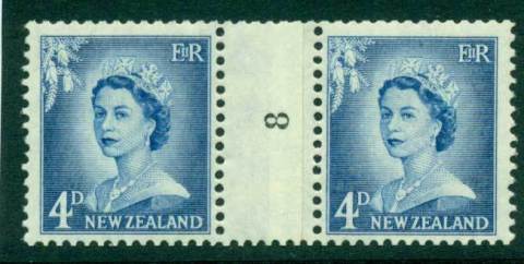 New Zealand 1958 QEII Redrawn 4d Ultramarine Coil Join #8 Upwards