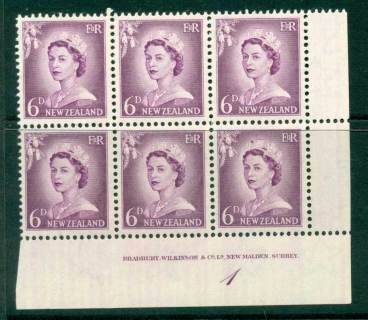 New Zealand 1955 QEII Redrawn 5d Mauve Plate 1 Block 6