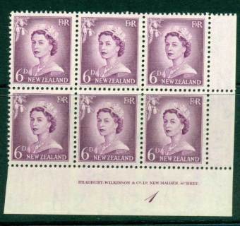 New Zealand 1955 QEII Redrawn 5d Mauve Plate 1 Block 6