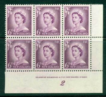 New Zealand 1955 QEII Redrawn 5d Mauve Plate 2 Block 6