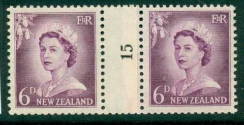 New Zealand 1956 QEII Redrawn 6d Mauve Coil Join #15 Upwards