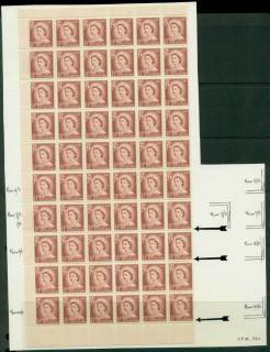 New Zealand 1956 QEII Redrawn 1½d Lake Brown 2xPlate 10 Part Sheet 60 before & After Retouching