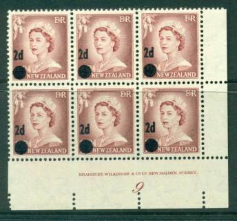 New Zealand 1958 QEII Redrawn 2d on 1½d Lake Brown Provisional Surch Plate #9 Large Dot Block 6