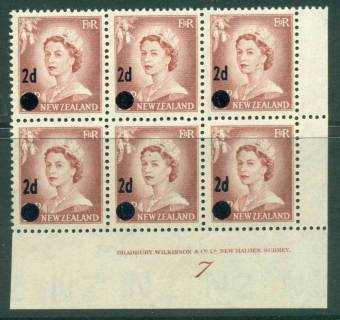 New Zealand 1958 QEII Redrawn 2d on 1½d Lake Brown Provisional Surch Plate #7 Small Dot Block 6