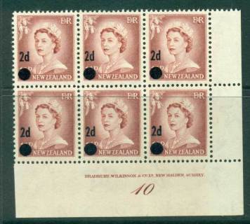 New Zealand 1958 QEII Redrawn 2d on 1½d Lake Brown Provisional Surch Plate #10 Small Dot Block 6