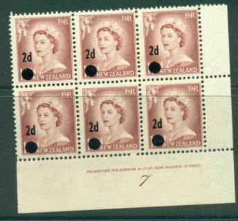 New Zealand 1958 QEII Redrawn 2d on 1½d Lake Brown Provisional Surch Plate #7 Small Dot Block 6