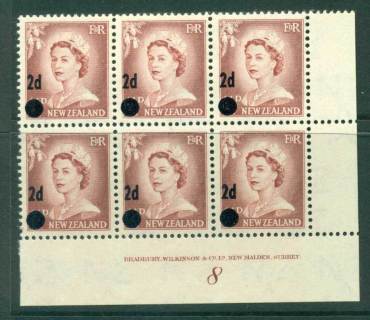 New Zealand 1958 QEII Redrawn 2d on 1½d Lake Brown Provisional Surch Plate #8 Small Dot Block 6