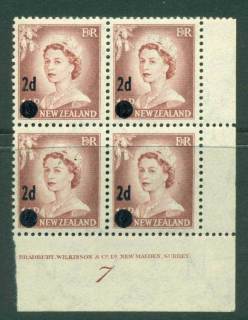 New Zealand 1958 QEII Redrawn 2d on 1½d Lake Brown Provisional Surch Plate #7 Small Dot Block 4