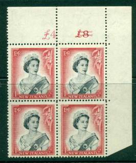 New Zealand 1954 QEII 1/- Black & Carmine Altered Sheet value Cnr Block 4