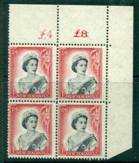 New Zealand 1954 QEII 1/- Black & Carmine Altered Sheet value Cnr Block 4