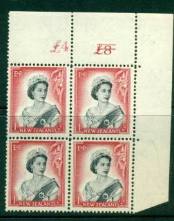 New Zealand 1954 QEII 1/- Black & Carmine Altered Sheet value Cnr Block 4