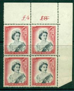 New Zealand 1954 QEII 1/- Black & Carmine Altered Sheet value Cnr Block 4