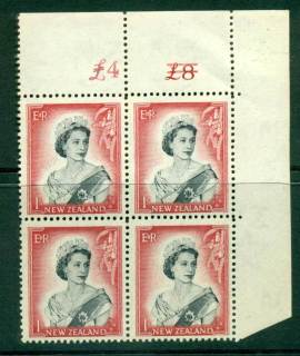 New Zealand 1954 QEII 1/- Black & Carmine Altered Sheet value Cnr Block 4