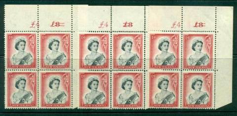 New Zealand 1954 QEII 1/- Black & Carmine Altered Sheet value 3xCnr Block 4