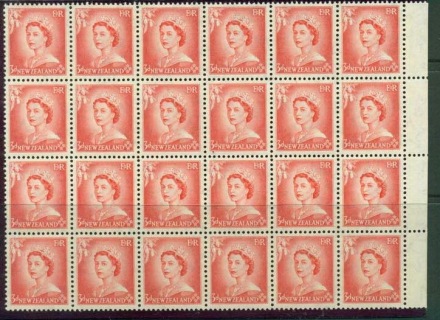 New Zealand 1954 QEII 3d Vermillion Block 24