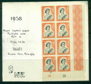 New Zealand 1957 QEII 1/9d Black & Orange Plate 1A 2A with Retouch Block 8