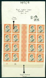 New Zealand 1957 QEII 1/9d Black & Orange Plate 1A 2A with Retouch Gutter Block 16