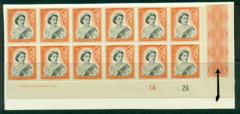 New Zealand 1957 QEII 1/9d Black & Orange Plate 1A 2A with Imprint Block 12