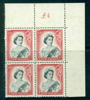 New Zealand 1954 QEII 1/- Black & Carmine Sheet Value Block 4