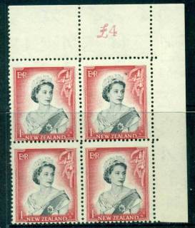 New Zealand 1954 QEII 1/- Black & Carmine Sheet Value Block 4