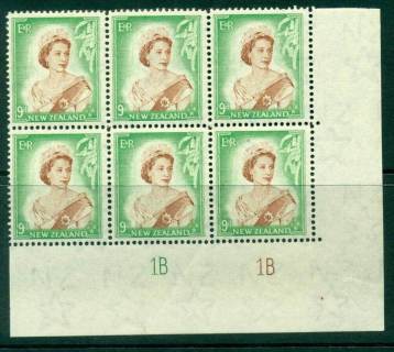 New Zealand 1954 QEII 9d Brown & Green Plate 1B 1B Block 6