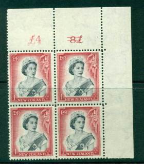 New Zealand 1954 QEII 1/- Black & Carmine Plate 1b First Type Altered Sheet value Cnr Block 4