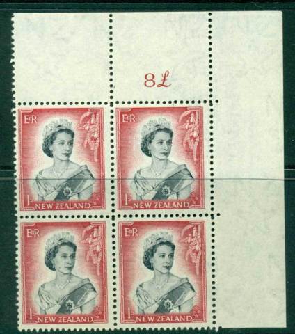New Zealand 1954 QEII 1/- Black & Carmine Whole Sheet value £ on right Cnr Block 4