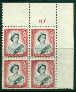 New Zealand 1954 QEII 1/- Black & Carmine Whole Sheet value £ on right Cnr Block 4