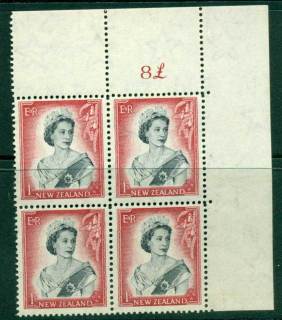 New Zealand 1954 QEII 1/- Black & Carmine Whole Sheet value £ on right Cnr Block 4