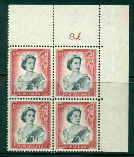 New Zealand 1954 QEII 1/- Black & Carmine Whole Sheet value £ on right Cnr Block 4