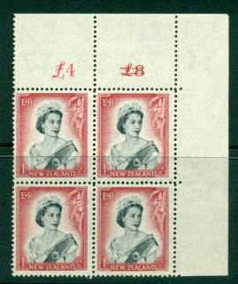 New Zealand 1954 QEII 1/- Black & Carmine Altered  Sheet value £ on left Cnr Block 4