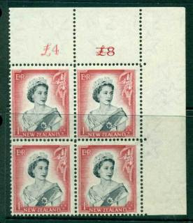 New Zealand 1954 QEII 1/- Black & Carmine Altered  Sheet value £ on left Cnr Block 4