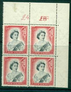 New Zealand 1954 QEII 1/- Black & Carmine Altered  Sheet value £ on left  (close spacing