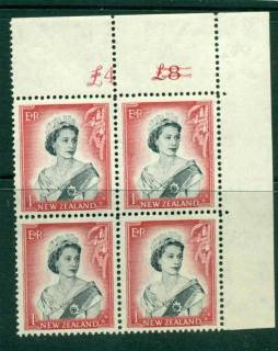 New Zealand 1954 QEII 1/- Black & Carmine Altered  Sheet value £ on left  (close spacing)