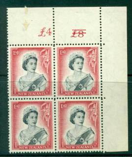 New Zealand 1954 QEII 1/- Black & Carmine Altered  Sheet value £ on left  (close spacing)