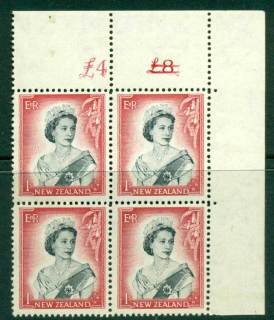 New Zealand 1954 QEII 1/- Black & Carmine Altered  Sheet value £ on left  (close spacing)