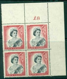 New Zealand 1954 QEII 1/- Black & Carmine Whole Sheet value £ on left Cnr Block 4