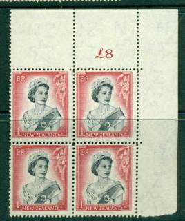 New Zealand 1954 QEII 1/- Black & Carmine Whole Sheet value £ on left Cnr Block 4