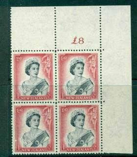 New Zealand 1954 QEII 1/- Black & Carmine Whole Sheet value £ on left Cnr Block 4