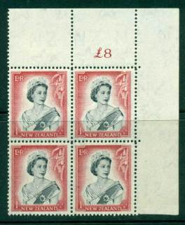 New Zealand 1954 QEII 1/- Black & Carmine Whole Sheet value £ on left Cnr Block 4