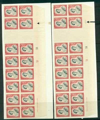 New Zealand 1954 QEII 1/- Black & Carmine Plate 1A 1A Gutter 2x Imprint Block 16 showing Plate crack development, 0,& 4 stage