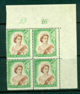 New Zealand 1954 QEII 9d Brown & Green Altered Sheet value Ty I ,Block 4