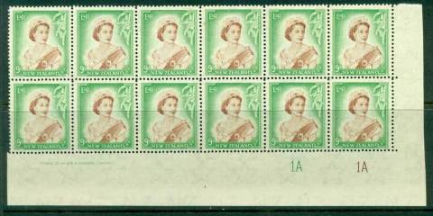 New Zealand 1954 QEII 9d Brown & Green Plate 1A 1A & Imprint Block 12