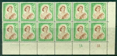 New Zealand 1954 QEII 9d Brown & Green Plate 1A 1A & Imprint Block 12