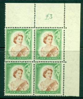 New Zealand 1954 QEII 9d Brown & Green Altered Sheet value Ty III ,Block 4