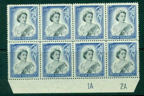 New Zealand 1954 QEII 1/6d Black & Ultramarine Plate 1A 2A Block 8