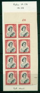 New Zealand 1954 QEII 1/- Black & Carmine Whole Sheet value £ on left Cnr Block 8